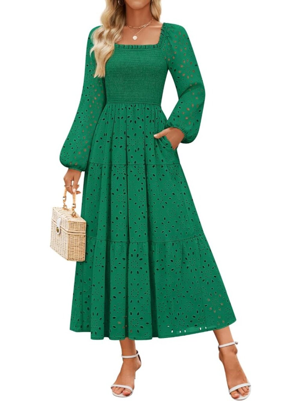 🆕Women's Green Long Sleeve Square Neck LINE Mid Waist Pockets Maxi Dress
